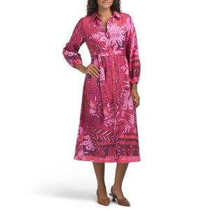 CELINA MOON Dark Pink Long Sleeve Floral Striped Midi Dress With Belt
